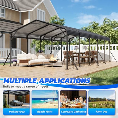 13x26 Metal Carport Heavy Duty Carport Canopy with Upgraded Triangular Reinforced Base Galvanized Steel Roof Car Port Garage Shelter for Vehicle Boat Tractor Storage Grey