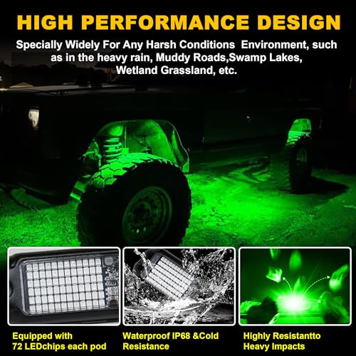 4Pods Pure Green LED Rock Lights 72w high Power Rock Lights Neon Underglow Light for Car Trucks ATV UTV SUV Boat Underbody Glow Trail Rig Light IP68 Waterproof
