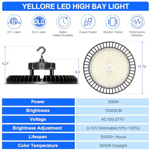 10 Pack 500W LED High Bay Light 70000LM ETL Listed Industrial Grade UFO Light Dimmable IP65 Waterproof 5000K Commercial Bay Lighting for Warehouse Garage Factory 110V 120V (9 Count)
