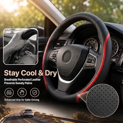 Steering Wheel Cover Black and Red Leather Universal 14.5 (3 Count)