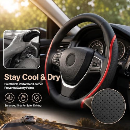 Steering Wheel Cover Black and Red Leather Universal 14.5 (3 Count)