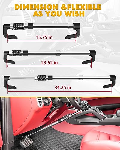 Steering Wheel Lock Anti Theft Device Retractable Brake Pedal Lock Keyless Password 5 Coded Combination Anti Theft Car Security Device Heavy Duty Universal Fit for Vehicle Car Truck Van SUV