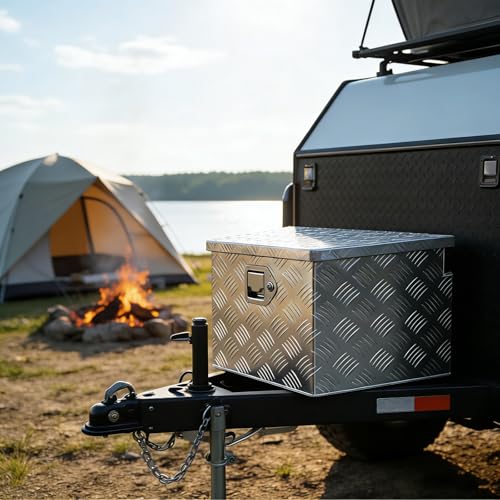 27" x 13" x 13" Trailer Tongue Tool Box Heavy Duty Aluminum with Latch and Keys Trailer Toolbox Organizer Truck Underbody Box Compatible with Pick Up Truck Bed RV Trailer ATV Silver