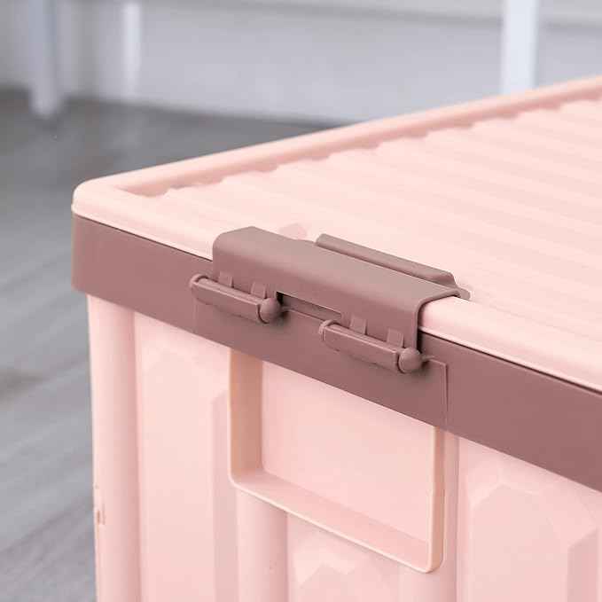 Pink Collapsible Storage Bins with Lids 2-Pack, Folding Plastic Stackable Utility Crates 30L, Durable Containers for Home & Garage Organization