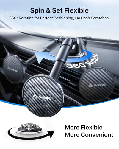 Military Grade】andobil 3 in1 Magnetic Phone Holder for Car Dashboard Windshield Vent 【Upgrade Suction & Strongest Magnet】Retractable for MagSafe Car Mount Mats for iPhone 17 16 15 14 Pro Max Sumsung