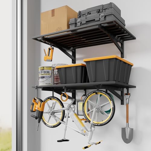 2 Pack Heavy Duty Garage Wall Shelving with 8 Hooks (2 Count)
