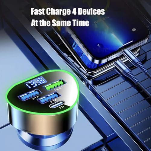 4 in 1 Multi Port USB C Car Phone Charger Adapter with Voltage Display