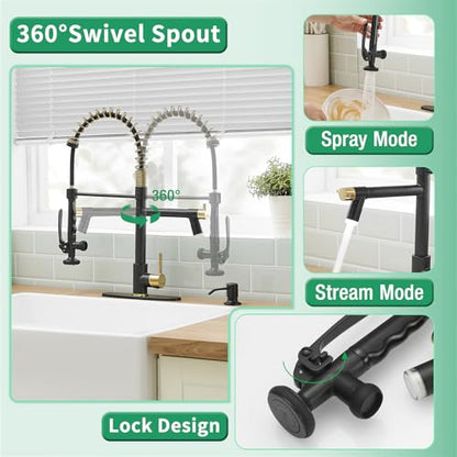 Commercial Kitchen Faucets with Pull Down Sprayer Matte Black&Gold