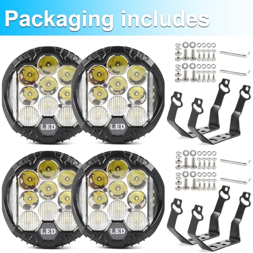 4PCS 5 Inch Round LED Offroad Light with DRL 90W LED Light Pods 270° Wide Range Super Bright White Side Shooter for Pickup Truck ATV UTV SUV (4 Count)