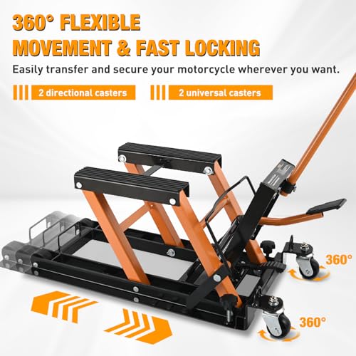 Motorcycle Lift Jack 1500 LBS Hydraulic Lifts ATV Scissor Jacks with Wheel Foot Pedal Handle Ratchet Belt Heavy Duty Lifter Stand Hoist Table for Dirt Bike Garage Storage Repair Tool