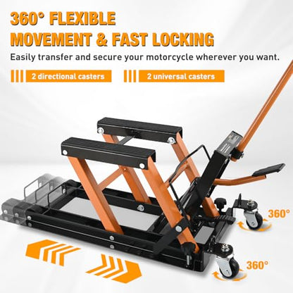 Motorcycle Lift Jack 1500 LBS Hydraulic Lifts ATV Scissor Jacks with Wheel Foot Pedal Handle Ratchet Belt Heavy Duty Lifter Stand Hoist Table for Dirt Bike Garage Storage Repair Tool