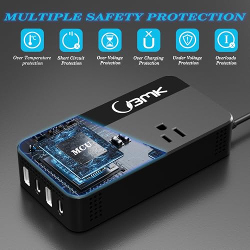 200W Car Power Inverter 12V DC to 110V AC Converter with 2 AC Outlets & 4 USB Ports