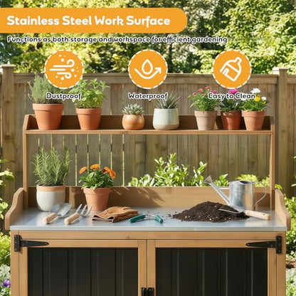 Potting Bench Table & Outdoor Storage Cabinet with Lockable Wheels