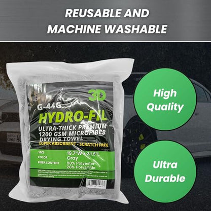 Hydro-FIL XL | Professional Grade Microfiber Towel | Extra Large 20” x 31.5” | Highly Absorbent | Premium Drying Cloth for Car Detailing (Grey)