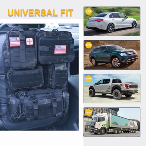 Universal Tactical Car Seat Back Organizer Bag Tactical Molle Vehicle Organizers Panel Vehicle Protector Organizers with 5 Detachable Pouches for Car Truck Ford Jeep
