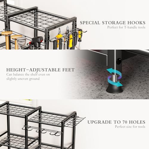 Garden Tool Organizer Storage Metal Yard Tool Organizer Heavy Duty Garden Tool Rack Stand with 2 Extra Hooks