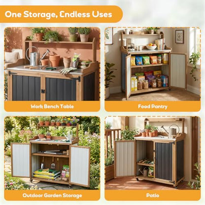 Potting Bench Table & Outdoor Storage Cabinet with Lockable Wheels