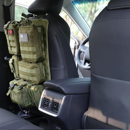 tactical car seat back organizer and storage truck seat covers with a Molle Vehicle Panel and 5 Different Size Molle Pouches for most models such as Jeep