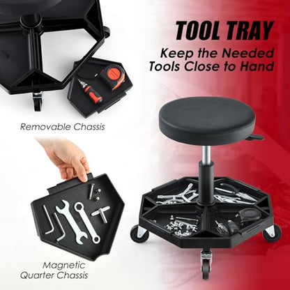 Rolling Mechanic Stool with Removable Tool Tray & Padded Cushion