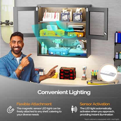 Metal Wall Cabinet with Locking Glass Doors & Magnetic LED Sensor Light