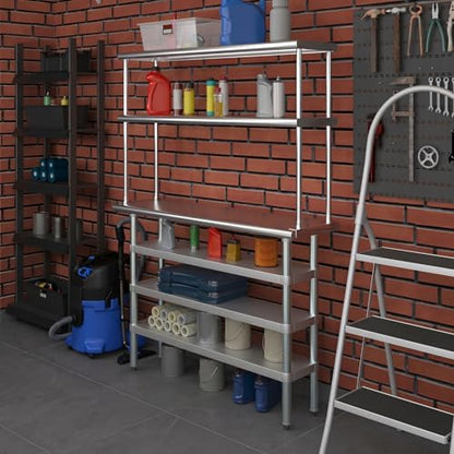14" x 48" Stainless Steel Work Table with 3 Shelves and 12" Wide Double Tier Overshelf