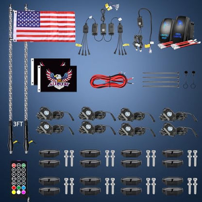 RGB LED Whip Light 2PCS 3FT with 8 Rock Lights Combo