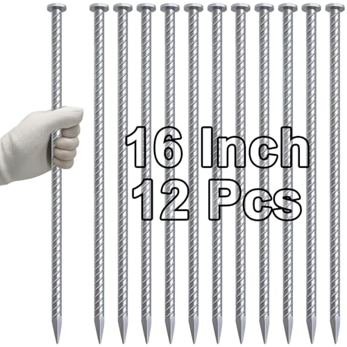 Rebar Stakes 16 Inch Galvanized Metal Steel Ground Spikes Heavy Duty (12 Count)