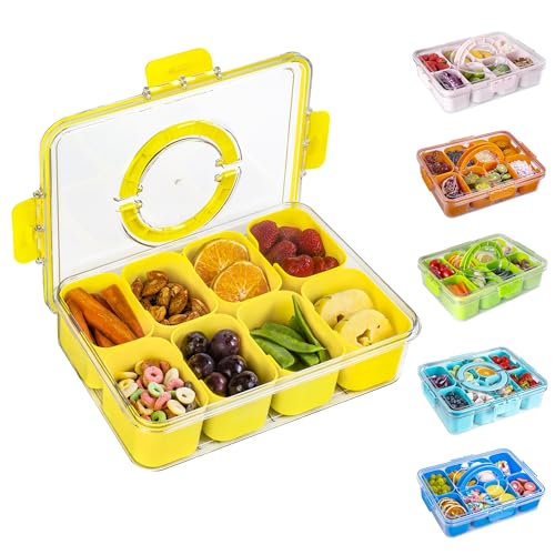 Divided Snack Serving Tray with Lid and Handle Travel Snackle Charcuterie Container Portable Storage Organizer for Candy (28 Ounce)