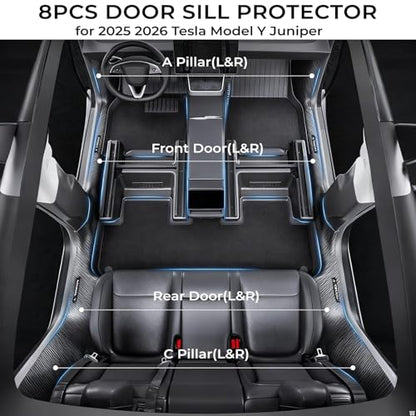 8Pcs Door Sill Protector for Tesla Model Y Juniper 2025 2026 Front and Rear Door Pedal Kick Protection Carbon Fiber Friction Resistant Model Y Juniper Interior Accessories