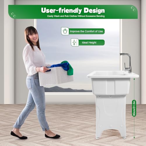 Freestanding Utility Sink Plastic Laundry Tub Sink with Storage Shelf Indoor Outdoor Slop Sink Wash Station for Bathroom Laundry Washing Room