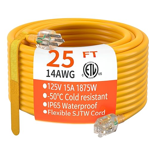 14 Gauge Heavy Duty Outdoor Extension Cord 25 FT Waterproof