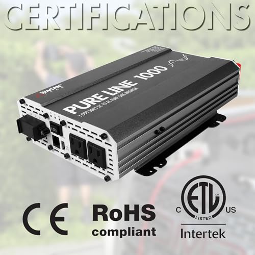 EL3804 Pure Line Inverter 1000 Watt DC 12V to 110V AC Car Pure Sine Wave Power Inverter for Home RV Camping Van Life Off Grid ETL Certified