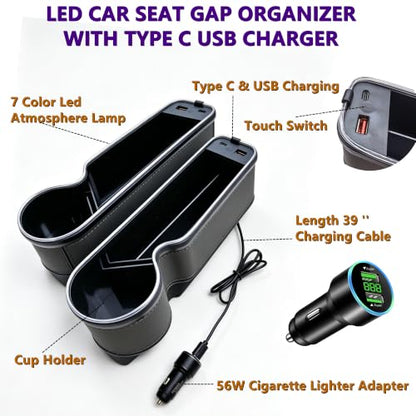 7 Color Led Car Seat Gap Organizer with 56W Cigarette Lighter Adapter
