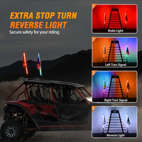 2PCS 2FT RGB LED Whip Light with Extra Stop Turn Reverse Lights