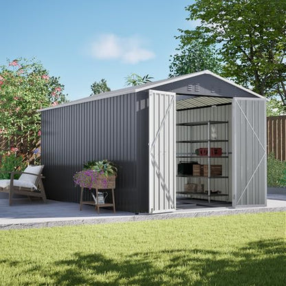 8x12 Ft Large Metal Outdoor Storage Shed with Floor Frame & Lock