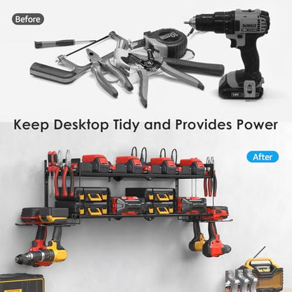 Large Garage Tools Storage with Charging Station. Power Tool Battery Organizer Utility Shelf with Power Strip. 4 Drills Holder Wall Mount Rack. (7.6 Count)