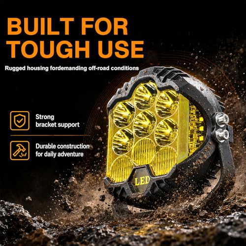 2PCS 7 Inch Yellow Round Side Shooter Offroad Fog Lights Amber DRL 90W 3 Modes 270° Wide Range Super Bright LED Pods Light Kit for Pickup Truck ATV UTV SUV with Wiring Harness