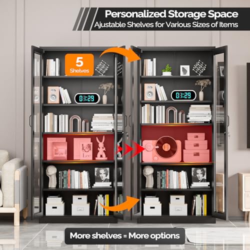 Lockable Display Cabinet with Glass Doors & 5 Adjustable Shelves