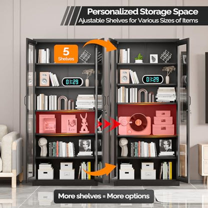 Lockable Display Cabinet with Glass Doors & 5 Adjustable Shelves