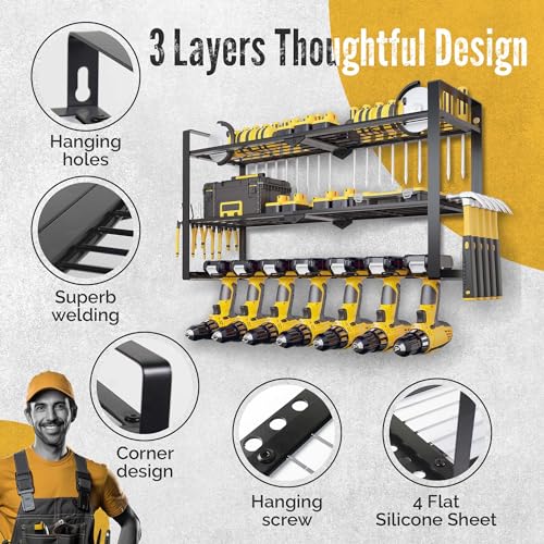 3 Shelf 7 Drill Holder Power Tool Organizer Wall Mount