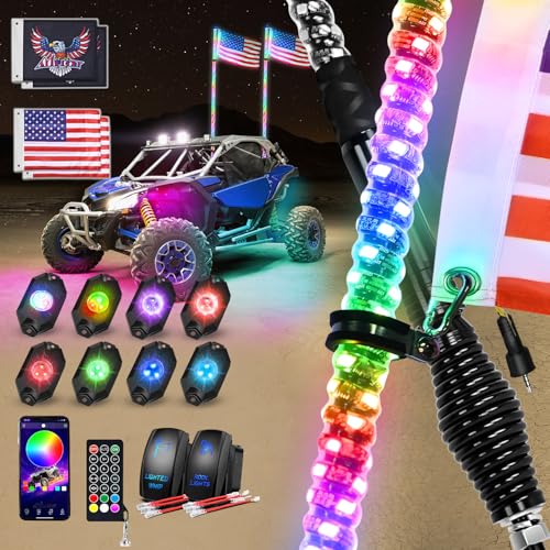 RGB LED Whip Light 2PCS 4FT with 8 Rock Lights Combo