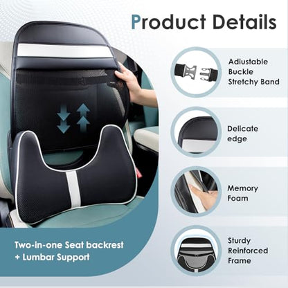 Memory Foam Double Layer Breathable Mesh Lumbar Support Ergonomic Leather Lumbar Support Pillow with 3D Mesh Back Support and Adjustable Strap for CarSeat & Office Chair
