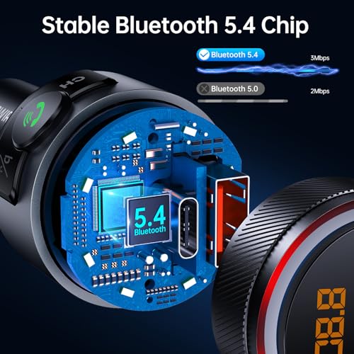 Bluetooth 5.4 Car Adapter 38W FM Transmitter Hands Free Calls