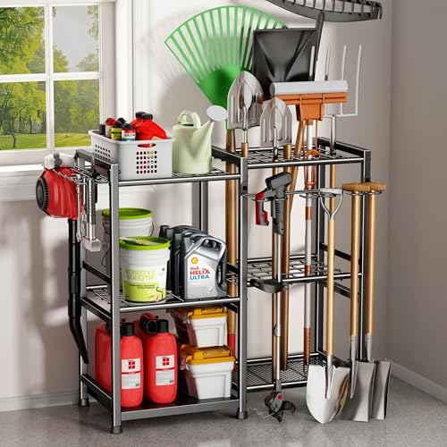 Garden Tool Organizer Storage Metal Yard Tool Organizer Heavy Duty Garden Tool Rack Stand with 2 Extra Hooks