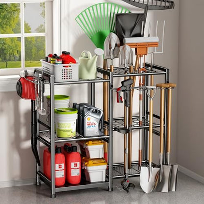 Garden Tool Organizer Storage Metal Yard Tool Organizer Heavy Duty Garden Tool Rack Stand with 2 Extra Hooks