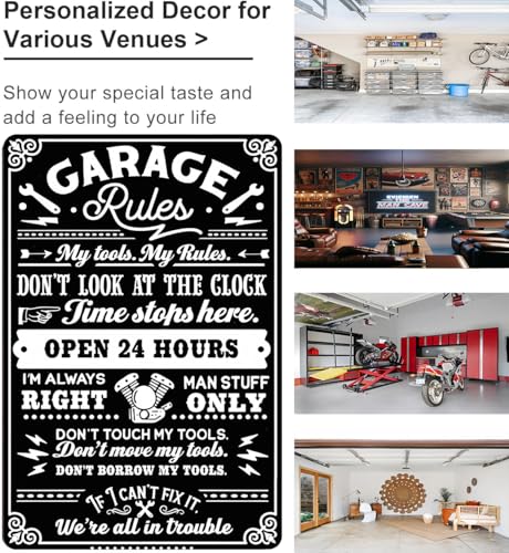 Gifts for Men Dad Husband Funny Garage Rules My Tools My Rules Metal Sign Vintage Metal Wall Art for Garage Workshop Man Cave Decor 8x12 Inch