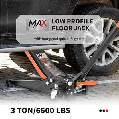 3-Ton (6600lbs) Low-Profile Dual Pistons Heavy-Duty Steel Racing Floor Jack with Quick Lift Hydraulic Pump, Foot Pedal and Magentic Pad for Car Maintenance