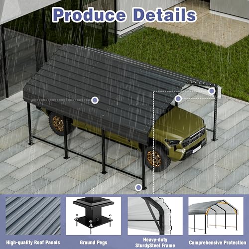 JY QAQA 12 x 15 FT Metal Carport Kits with Galvanized Steel Roof