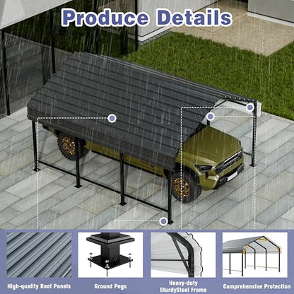 JY QAQA 12 x 15 FT Metal Carport Kits with Galvanized Steel Roof