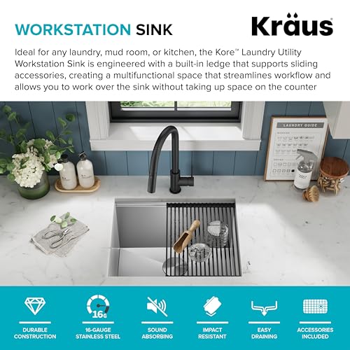 Kore 23 Inch Undermount Workstation Single Bowl 16 Gauge Deep Laundry Utility Stainless Steel Kitchen Sink with Accessories